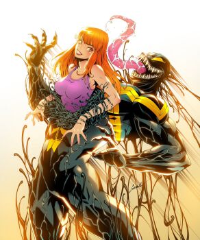 Rule 34 | 1boy, 1girl, blunt bangs, brown eyes, comic cover, commentary, cover, cover page, covered abs, fingernails, godtail, gradient background, grin, highres, long hair, long tongue, looking back, looking to the side, marvel, mary jane watson, monster boy, muscular, muscular male, official art, orange hair, purple tank top, red lips, saliva, sharp fingernails, sharp teeth, signature, slime boy, smile, spider-man (series), symbiote, tank top, teeth, textless cover page, textless version, tongue, venom (marvel), very long tongue, white background, yellow background