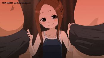 1girl 2boys animated animated_gif brown_hair bulge closed_mouth erection erection_under_clothes felipe_godoy forehead hetero karakai_jouzu_no_takagi-san loli long_hair looking_at_viewer multiple_boys one-piece_swimsuit parted_bangs pedophile rubbing rubbing_crotch school_swimsuit smile swimsuit tagme takagi-san upper_body