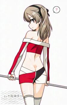 1girl ? ass back black_hairband blush brown_eyes brown_hair closed_mouth commentary_request from_behind girls_und_panzer grey_background hair_between_eyes hairband holding long_hair long_sleeves off-shoulder_shirt off_shoulder one_side_up oosaka_kanagawa race_queen red_shirt shimada_arisu shirt simple_background sleeves_past_wrists solo spoken_question_mark thighhighs watermark white_thighhighs