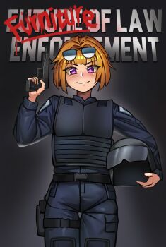 Rule 34 | 1girl, absurdres, buckle, bulletproof vest, chance8000, commission, commissioner upload, english text, eyewear on head, girls' frontline, grizzly mkv (girls' frontline), gun, handgun, helmet, highres, holding, holding unworn helmet, holster, lar grizzly win mag, non-web source, orange hair, police, police uniform, purple eyes, robocop, smile, snap-fit buckle, spray paint, sunglasses, thigh holster, unworn helmet, weapon