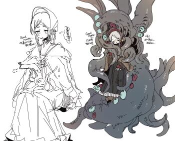 1girl bloodborne bonnet cloak closed_eyes eldritch_abomination fingerless_gloves gloves hat highres hunter_(bloodborne) hunter_(great_one)_(bloodborne) lolita_fashion long_skirt melo_(_suzume_o_) plain_doll skirt tentacles