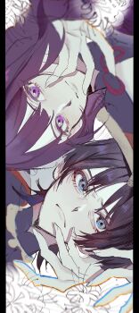 1boy 1girl azu_zubi blue_eyes blue_hair blunt_bangs blurry close-up closed_mouth depth_of_field eyeliner genshin_impact hair_between_eyes hashtag-only_commentary highres japanese_clothes light_smile long_hair looking_at_viewer makeup mother_and_son neck_ribbon no_mole purple_eyes purple_hair raiden_shogun red_eyeliner red_ribbon ribbon scaramouche_(genshin_impact) shade upper_body wanderer_(genshin_impact)