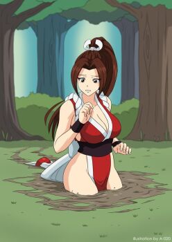 1girl a-020 breasts brown_eyes brown_hair cleavage fatal_fury mud outdoors ponytail quicksand shiranui_mai solo stuck