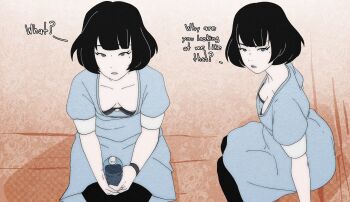 1girl absurdres akashi_(yojouhan) black_hair black_pantyhose blue_dress blue_eyes bob_cut bottle breasts breasts_apart collarbone downblouse dress english_text floral_background from_above highres holding holding_bottle inker_comics looking_at_viewer medium_breasts mole mole_under_eye multiple_views nipple_slip nipples no_bra open_mouth pantyhose pov puffy_short_sleeves puffy_sleeves short_hair short_sleeves sitting skirt talking water_bottle white_skirt wristband yojouhan_shinwa_taikei