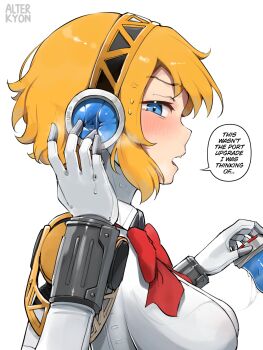 1girl aigis_(persona) alterkyon android anger_vein annoyed artificial_vagina blonde_hair blue_eyes blush breasts english_text highres large_breasts persona persona_3 red_ribbon ribbon sex_toy short_hair speech_bubble