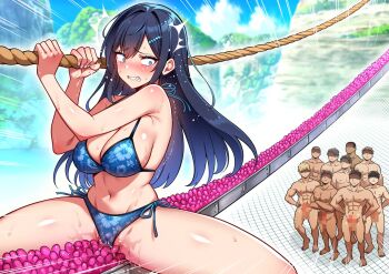 1girl 6+boys amamiya_chihiro bikini black_hair blue_bikini blue_eyes blush breasts cameltoe censored clenched_teeth crowd floral_print floral_print_bikini hair_ornament hairclip hechima_koubou highres large_breasts long_hair mesu_game_~tsukamareba_soku_nakadashi!_100_hyaku_oku-en_to_chijoku_o_kaketa_survival~ mosaic_censoring mountainous_horizon multiple_boys nature outdoors penis print_bikini pussy_juice rope_walking running shiny_skin side-tie_bikini_bottom sweat swimsuit teeth waiting