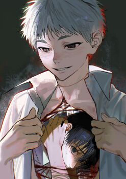 2boys arms_up avandee11949 black_eyes black_hair body_horror collared_shirt empty_eyes grey_hair guro hand_on_own_neck hashtag-only_commentary highres hikaru_ga_shinda_natsu hole_in_chest hole_on_body indou_hikaru looking_at_viewer male_focus multiple_boys nervous_sweating open_clothes open_shirt parted_lips shirt short_hair smile sweat tsujinaka_yoshiki upper_body wing_collar