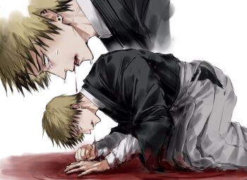 1boy black_hair bleeding blonde_hair blood blood_from_mouth colored_tips crying ear_piercing earrings from_side highres japanese_clothes jewelry jujutsu_kaisen male_focus multicolored_hair multiple_views on_floor piercing prostration short_hair simple_background sso_s sweat two-tone_hair white_background zen'in_naoya