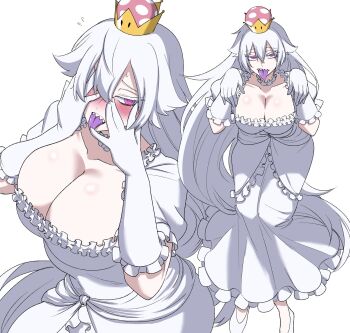 1girl blush breasts cleavage collar collar_jewel collarbone colored_tongue crown detached_sleeves dress frilled_collar frilled_dress frilled_gloves frilled_sleeves frills genderswap genderswap_(mtf) ghost_pose gloves hair_between_eyes highres large_breasts long_hair looking_at_viewer mario_(series) nasu_(ilo_a5) nintendo open_mouth princess_king_boo puffy_short_sleeves puffy_sleeves purple_tongue sharp_teeth short_sleeves sidelocks simple_background solo super_crown teeth very_long_hair waist_jewel white_background white_collar white_dress white_gloves white_hair
