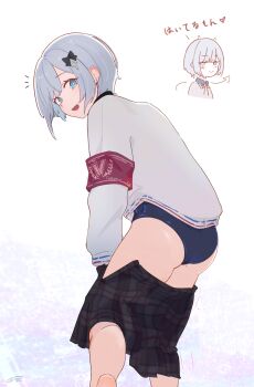 1girl absurdres armband ass blue_eyes bow colored_inner_hair commentary_request cross_hair_ornament earrings from_below grey_hair hair_bow hair_ornament highres jewelry kaga_sumire looking_at_viewer looking_back lupinus_virtual_games multicolored_hair open_mouth plaid_clothes plaid_skirt school_swimsuit simple_background simuyutou skirt solo sweater swimsuit swimsuit_under_clothes undressing virtual_youtuber vspo! white_background