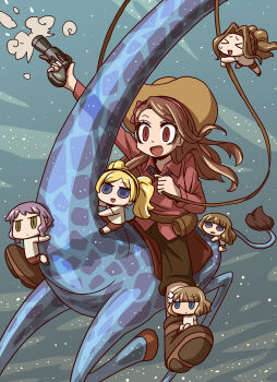&gt;_&lt; 6+girls arched_bangs arm_up blush boots breasts brown_boots brown_eyes brown_shorts chibi collared_shirt cowboy_hat emily_stewart firing full_body giraffe gun hairband handgun hat highres holding holding_gun holding_weapon idolmaster idolmaster_(classic) idolmaster_million_live! long_hair long_sleeves makabe_mizuki minase_iori miyao_miya multiple_girls nikaido_chizuru open_mouth pink_hairband purple_hair red_shirt revolver riding riyo_(lyomsnpmp) shirt short_hair shorts suou_momoko twintails weapon