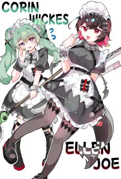 2girls absurdres apron black_boots black_hair black_pantyhose black_shoes boots breasts candy character_name circular_saw colored_inner_hair corin_wickes ekaki_kujira_(user_wvah5448) fins fish_tail flying_sweatdrops food full_body green_hair hair_between_eyes highres holding holding_candy holding_food holding_lollipop holding_weapon knee_boots lollipop long_hair looking_at_viewer maid maid_apron maid_headdress multicolored_hair multiple_girls pantyhose puffy_short_sleeves puffy_sleeves purple_eyes red_eyes red_hair saw screw_hair_ornament shark_tail shoes short_sleeves simple_background tail tongue tongue_out twintails weapon white_background zenless_zone_zero