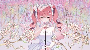 Rule 34 | 1girl, bow, branch, closed eyes, cloud hair ornament, commentary, detached sleeves, dress, drill hair, english commentary, floral background, flower, hair bow, hair ornament, hair rings, highres, holding, holding microphone, holding microphone stand, jewelry, kirispica, kitatyoco, microphone, microphone stand, multiple hair bows, necklace, off-shoulder dress, off shoulder, official alternate costume, pink hair, pink wings, pointy ears, puffy short sleeves, puffy sleeves, short sleeves, sidelocks, solo, star (symbol), star hair ornament, thick eyebrows, tiara, twin drills, twintails, v-dere, virtual youtuber, white bow, white dress, white sleeves, wings