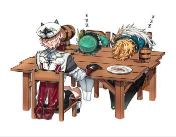 Rule 34 | 3boys, aqua hair, black hair, blonde hair, boots, braid, chair, coat, commentary request, cropped legs, cup, dahlia (genshin impact), face down, facing away, genshin impact, gloves, hat, head on table, head rest, highres, holding, holding cup, jacket, leggings, male focus, mug, multicolored hair, multiple boys, on chair, pink hair, plate, short hair, shorts, simple background, sitting, sleeping, table, twin braids, two-tone hair, varka (genshin impact), venti (genshin impact), white background, wooden cup, yuka (pixiv38407039), zzz