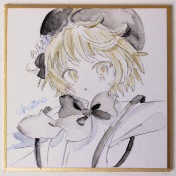 Rule 34 | 1girl, absurdres, beret, black bow, black hat, blush, bow, brown eyes, brown hair, collared shirt, commentary request, dress shirt, flower, hair flower, hair ornament, hat, hatoba tsugu, highres, looking at viewer, parted lips, photo (medium), sha2mo, shikishi, shirt, signature, solo, suspenders, traditional media, tsugu (vtuber), upper body, virtual youtuber, white flower, white shirt