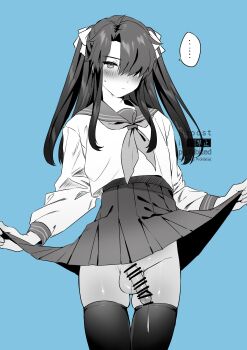 ... 1boy absurdres asymmetrical_bangs bar_censor blush censored clothes_lift commentary_request cowboy_shot crossdressing crossdressing_(ftm) embarrassed flying_sweatdrops fujimaru_ritsuka_(male) greyscale_with_colored_background hair_over_one_eye highres long_bangs long_hair long_sleeves looking_at_viewer male_focus miniskirt neckerchief no_panties omiyacha penis pleated_skirt precum school_uniform serafuku skindentation skirt skirt_lift small_sweatdrop solo spoken_ellipsis thighhighs trap two_side_up watermark