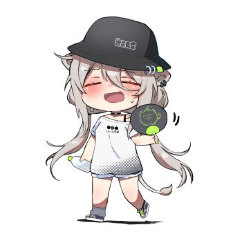 1girl :d =_= animal_ear_piercing animal_ears black_choker black_hat black_shorts blush bottle bra_strap bucket_hat character_print chibi chibi_only choker closed_eyes commentary_request denim denim_shorts double-parted_bangs fang fanning_self frayed_shorts grey_hair grey_shoes grey_socks hair_between_eyes hand_fan hat highres holding holding_bottle hololive hot jewelry lion_ears lion_girl lion_tail long_hair long_hair_between_eyes long_sidelocks loose_clothes loose_shirt loose_socks low_twintails messy_hair minatasiro necklace no_jacket official_alternate_costume official_alternate_hairstyle open_mouth paper_fan plastic_bottle shadow shirt shishiro_botan shishiro_botan_(midnight_convenience_store) shoes short_shorts shorts sidelocks simple_background single_bare_shoulder single_loose_sock single_sock smile sneakers socks solo sweat t-shirt tail twintails uchiwa virtual_youtuber walking water_bottle white_background white_shirt