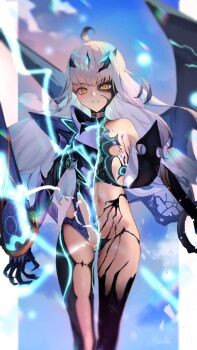 1girl absurdres bare_shoulders breasts camellia_(s_kamellia) fate/grand_order fate_(series) female_focus functionally_nude highres light_blush long_hair looking_at_viewer markings melusine_(fate) petite small_breasts standing teeth white_hair wings yellow_eyes