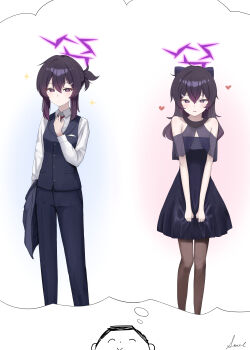 Rule 34 | 1boy, 1girl, absurdres, adjusting clothes, adjusting necktie, artist name, bare shoulders, black pants, black vest, blue archive, bow, closed mouth, clothes grab, commentary request, doodle sensei (blue archive), dress, dress grab, dress shirt, formal clothes, hair between eyes, hair bow, hair ornament, hairclip, halo, haruka (blue archive), haruka (dress) (blue archive), haruka (suit) (blue archive), heart, highres, imagining, jacket, light blush, long hair, necktie, official alternate costume, pants, parted lips, purple dress, purple eyes, purple hair, purple halo, red necktie, sensei (blue archive), shirt, signature, sora scale, sparkle, speech bubble, thought bubble, unworn jacket, updo, variations, vest, white shirt