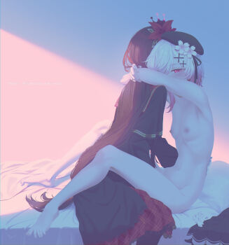 2girls baseball_cap black_hair black_hat black_shirt black_skirt breasts chinese_commentary clothed_female_nude_female commentary_request flower gradient_hair hair_flower hair_ornament hat highres hug implied_fingering long_hair mahou_shoujo_no_majo_saiban multicolored_hair multiple_girls navel nikaido_hiro nipples nude pink_eyes pink_hair sakuraba_ema shirt skirt small_breasts stomach tonht unworn_clothes white_hair yuri