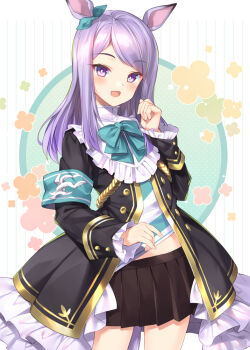 1girl :d animal_ears aqua_bow armband black_jacket black_skirt bow bucchake_(asami) commentary_request cowboy_shot ear_ribbon horse_ears horse_girl horse_tail jacket long_hair long_sleeves looking_at_viewer mejiro_mcqueen_(frontline_elegance)_(umamusume) mejiro_mcqueen_(umamusume) open_mouth pleated_skirt purple_eyes purple_hair simple_background skirt smile solo tail umamusume