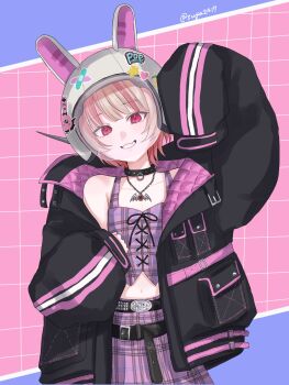 1girl animal_ears animal_helmet arm_up belt belt_buckle black_belt black_collar black_jacket blunt_bangs blush buckle chain chain_necklace collar collarbone colored_inner_hair crop_top cross-laced_clothes cross-laced_top fake_animal_ears fang grey_hair grid_background heart heart_sticker helmet highres jacket jewelry looking_at_viewer loose_belt makaino_ririmu makaino_ririmu_(6th_costume) midriff miniskirt multicolored_hair multiple_belts navel necklace nijisanji open_clothes open_jacket parted_lips pendant pink_background pink_belt pink_hair pink_jacket pink_skirt pink_streaks plaid_clothes plaid_skirt pleated_skirt pointy_ears rabbit_ears red_eyes short_hair skin_fang skirt sleeves_past_fingers sleeves_past_wrists smile solo space_helmet spiked_collar spikes standing star_(symbol) star_sticker sticker streaked_hair studded_belt suya2417 twitter_username two-sided_fabric two-sided_jacket two-tone_hair upper_body virtual_youtuber white_helmet wolf_cut zipper_top
