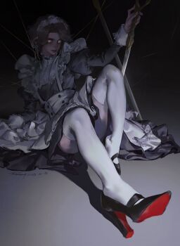 1boy alternate_costume androgynous brown_hair buttons commentary crossdressing crossdressing_(mtf) dated english_commentary enmaided exclusiverobert freckles high_heels highres lies_of_p looking_at_viewer maid maid_headdress male_focus parted_lips pinocchio_(lies_of_p) planted planted_sword planted_weapon puppet red_lips signature sitting solo sword thighhighs weapon white_thighhighs yellow_eyes