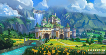 artist_name bird bridge building bush castle cloud english_text european_architecture flower grass highres landscape mountain mountainous_horizon no_humans original outdoors path road scenery sky tree tyler_edlin water waterfall watermark web_address yellow_flower