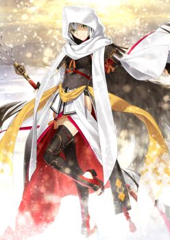 1girl armor black_gloves black_hair black_sandals breasts cape closed_mouth detached_sleeves fate/grand_order fate_(series) foot_out_of_frame front_slit fur_cape game_cg gloves green_eyes hair_between_eyes halterneck head_tilt high_collar holding holding_polearm holding_weapon hood hood_up japanese_armor japanese_clothes leg_up light_particles long_sleeves looking_at_viewer medium_breasts multicolored_hair nagao_kagetora_(fate) official_art outstretched_arms partially_fingerless_gloves platform_sandals polearm sandals sash shoulder_armor side_slit sidelocks skirt smile sode solo standing standing_on_one_leg takeuchi_takashi thighhighs third-party_source two-tone_hair variant_set weapon white_hair white_hood white_skirt white_sleeves wide_sleeves yellow_sash