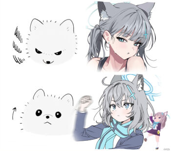animal_ear_fluff animal_ears blue_archive blue_halo cross cross_hair_ornament extra_ears grey_hair hair_ornament halo haze_(7h4ze) highres inverted_cross mismatched_pupils official_alternate_costume shiroko_(blue_archive) shiroko_(swimsuit)_(blue_archive) simple_background upper_body white_background wolf wolf_ears