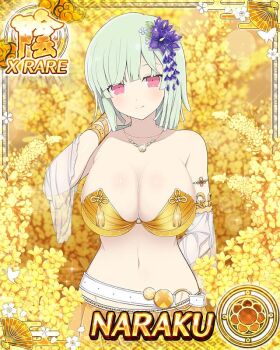 Rule 34 | 1girl, arm up, bare legs, bare shoulders, belt, bob cut, border, bra, breasts, card (medium), character name, cleavage, detached sleeves, game cg, gold, green hair, hair ornament, jewelry, large breasts, looking at viewer, medium hair, naraku (senran kagura), navel, official art, pink eyes, red eyes, see-through clothes, senran kagura, senran kagura new wave, short hair, skirt, smile, solo, sparkle, strapless, third-party source, underwear