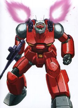 1990s_(style) beam_cannon beam_rifle damaged debris dirty energy energy_beam energy_gun firing green_visor guncannon gundam highres katoki_hajime machinery mecha mecha_focus mobile_suit mobile_suit_gundam no_humans official_art promotional_art radio_antenna retro_artstyle robot scan science_fiction traditional_media weapon white_background