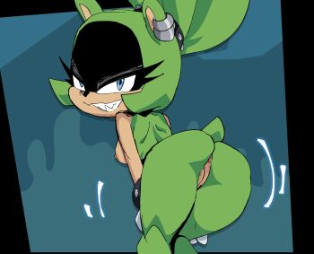 1girl absurdres animal_ears animal_nose anus ass ass_focus ass_shake back bent_over black_border blue_background blue_eyes body_fur border breasts completely_nude earrings eyelashes furry furry_female gloves green_fur grin happy highres inker_comics jewelry kneepits looking_at_viewer makeup medium_breasts nipples non-web_source nude outdoors piercing ponytail presenting pussy sharp_teeth sidelocks sideways smile smirk solo sonic_(series) source_request standing surge_the_tenrec tail teeth thighs tongue tongue_out