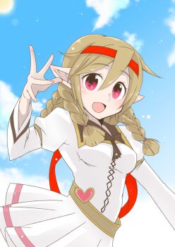 1girl belt blue_sky blush braid breasts brown_belt brown_hair cloud commentary_request cowboy_shot dress game_master_(ragnarok_online) hairband hand_up heart iyofika juliet_sleeves long_hair long_sleeves looking_at_viewer medium_breasts open_mouth pointy_ears puffy_sleeves ragnarok_online red_eyes red_hairband sky smile solo twin_braids white_dress