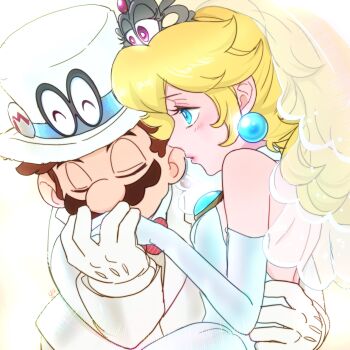 1boy 1girl agua_mp blonde_hair blue_eyes brown_hair cappy_(mario) closed_eyes dress earrings elbow_gloves facial_hair gloves hat highres jacket jewelry long_hair mario mario_(series) mario_(tuxedo) mustache nintendo official_alternate_costume princess_peach princess_peach_(wedding) short_hair simple_background sphere_earrings strapless strapless_dress super_mario_odyssey tiara tiara_(mario) top_hat white_background white_dress white_gloves white_hat white_jacket