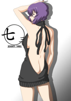 1girl arm_up ass bare_back breasts butt_crack cowboy_shot female_focus ghost_in_the_shell ghost_in_the_shell:_stand_alone_complex highres kusanagi_motoko looking_back naked_sweater purple_hair red_eyes shinku_p short_hair sideboob simple_background solo sweater virgin_killer_sweater