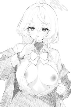 1girl ahoge blue_archive bow bowtie breasts commentary_request eri_(blue_archive) finger_to_mouth greyscale hair_between_eyes halo heart heart-shaped_pupils jacket koko_(user_hktv5235) korean_commentary large_breasts long_hair long_sleeves looking_at_viewer monochrome nipples open_clothes open_jacket open_shirt shirt_tucked_in shushing simple_background skirt symbol-shaped_pupils upper_body white_background