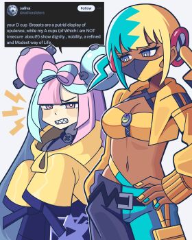 2girls absurdres bandeau black_mask blonde_hair blue_eyes blue_hair blue_nails bobamiruku breasts bright_pupils canari_(pokemon) center-flap_bangs cleavage criss-cross_halter english_text fake_hair_bun grey_eyes halterneck highres iono_(pokemon) jacket large_breasts long_hair long_sleeves looking_at_another mask mouth_mask multicolored_hair multiple_girls navel nintendo pants pink_eyes pink_hair pokemon pokemon_legends:_z-a pokemon_sv screenshot_inset sharp_teeth short_hair short_twintails sleeves_past_fingers sleeves_past_wrists speech_bubble split-color_hair sweatdrop teeth twintails twitter two-tone_mask white_pupils yellow_bandeau yellow_jacket yellow_mask yellow_nails
