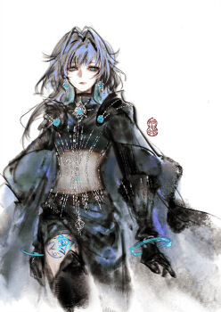 Rule 34 | 1girl, asymmetrical shorts, black boots, black cape, black gloves, black shirt, black shorts, blue eyes, blue gem, blue hair, bodystocking, boots, bracelet, brooch, cape, chinese commentary, closed mouth, commentary request, cowboy shot, cropped shirt, earrings, expressionless, eye tattoo, eyelashes, fantasea prophet (shining nikki), gem, gloves, hair intakes, highres, jewelry, leg tattoo, lipstick, long hair, long sleeves, looking at viewer, makeup, nikki (series), pink lips, sasora, shining nikki, shirt, shorts, signature, simple background, solo, standing, tattoo, thigh boots, turtleneck, turtleneck shirt, white background