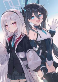 2girls :d absurdres aris_(blue_archive) black_gloves black_skirt blue_archive blue_eyes blue_halo commentary_request gloves hair_between_eyes halo highres holding_hands jacket kei_(blue_archive) kei_(new_body)_(blue_archive) long_hair looking_at_viewer multiple_girls nekoplanetouo open_mouth pink_eyes pink_halo skirt smile very_long_hair