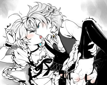 2boys aether_(genshin_impact) ahoge albedo_(genshin_impact) anal bottomless braid braided_ponytail censored earrings french_kiss genshin_impact greyscale highres jewelry kiss kkaiju korean_commentary long_hair maid male_penetrated monochrome multiple_boys penis single_earring testicles thighhighs trap trap_on_trap vest wrist_cuffs yaoi