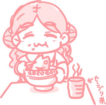 1girl bowl commentary_request cup double_bun eating ferret-san fish_(food) fish_head hair_bun kantai_collection long_hair red_theme solo thonburi_(kancolle) translation_request upper_body wavy_hair yunomi