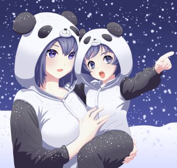 2girls animal_costume animal_ears animal_hood azuracub carrying carrying_person child child_carry hair_ornament highres holding hood hood_up hooded_pajamas indie_virtual_youtuber looking_at_viewer mattwilliamson9 mother_and_child multiple_girls onesie outdoors pajamas panda panda_costume panda_ears panda_hair_ornament panda_hood pointing purple_eyes purple_hair smile snow snowing twintails virtual_youtuber winter