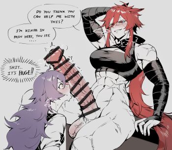 2girls abs absurdres arm_wrap bar_censor breasts censored commentary english_commentary english_text full-package_futanari futa_with_female futanari heavy_breathing highres huge_penis kazuya_(kozun) kneeling large_breasts long_hair looking_down multiple_girls muscular muscular_female nighty_(kazuya) original penis penis_awe purple_hair red_hair scar scar_on_stomach sitting sweat veins veiny_penis very_long_hair