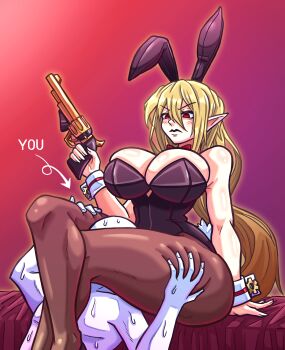 1girl absurdres animal_ears black_leotard blonde_hair breasts cleavage demon_girl disgaea fake_animal_ears femdom gears gun handgun highres holding holding_gun holding_weapon huzuro large_breasts leotard long_hair makai_senki_disgaea makai_senki_disgaea_3 nontraditional_playboy_bunny pantyhose playboy_bunny pointy_ears rabbit_ears rabbit_tail red_eyes revolver salvatore_(disgaea) tail thighhighs thighs very_long_hair weapon white_wrist_cuffs wrist_cuffs