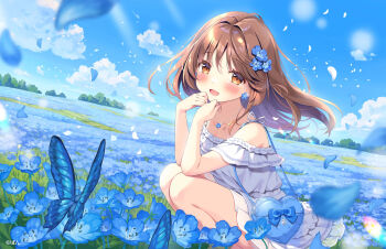 Rule 34 | 1girl, blue butterfly, blue flower, blue sky, blush, brown eyes, brown hair, bug, butterfly, cloud, collarbone, day, dress, field, floating hair, flower, flower field, hair flower, hair ornament, highres, horizon, insect, jewelry, long hair, looking at viewer, meadow, necklace, open mouth, original, outdoors, pan (mimi), petals, sidelocks, sky, smile, solo, squatting, tree, white dress