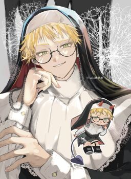 1boy black_veil blonde_hair chibi chibi_inset choppy_bangs crossdressing crossdressing_(mtf) demon_boy demon_horns demon_tail ear_chain glasses green_eyes guimpe head_rest highres holding holding_mace holding_weapon horns jewelry linked_piercing long_sleeves looking_at_viewer mace male_focus multiple_views nun original piercing ring sahi00000 short_hair smile spiked_mace spikes tail veil weapon