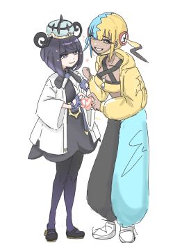 Rule 34 | 2girls, absurdres, aqua hair, aqua pants, bandeau, belt, belt buckle, black dress, black pants, black pantyhose, black shoes, blunt bangs, blush, bob cut, breasts, buckle, canari (pokemon), cleavage, closed mouth, coat, commentary request, dark-skinned female, dark skin, dress, eyelashes, full body, gloves, gradient pantyhose, gwynn (pokemon), hat, heart, heart hands, heart hands duo, highres, jacket, kii80737191, long sleeves, looking at another, looking at viewer, multicolored hair, multiple girls, nintendo, o-ring, o-ring belt, open clothes, open coat, open mouth, pants, pantyhose, partially fingerless gloves, pokemon, pokemon legends: z-a, purple eyes, purple gloves, purple hair, purple pantyhose, shoes, short hair, smile, split-color clothes, split-color hair, standing, twintails, white background, white coat, wide sleeves, yellow bandeau, yellow jacket, yuri