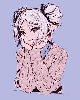 1girl alternate_costume alternate_hairstyle aran_sweater brown_sweater cable_knit casual closed_mouth commentary double_bun earrings frieren green_eyes grey_background hair_bun hands_on_own_cheeks hands_on_own_face jewelry long_sleeves looking_at_viewer moshimoshibe pointy_ears simple_background smile solo sousou_no_frieren sweater thick_eyebrows