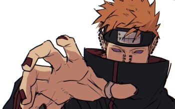 1boy akatsuki_uniform black_nails covered_mouth douchi_xo ear_piercing earrings face_piercing fingernails forehead_protector jewelry male_focus multiple_earrings naruto_(series) naruto_shippuuden nose_piercing orange_hair pain_(naruto) piercing purple_eyes reaching reaching_towards_viewer ringed_eyes short_hair simple_background solo spiked_hair upper_body white_background